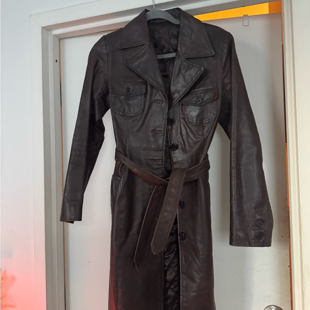 Vintage Dark Brown Leather Trench Coat